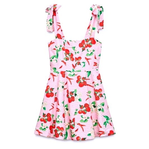 Zara Dresses & Skirts - ZARA Cherry Print Tie Shoulder Mini Dress Womens Medium Pink Coquette Dainty Y2K